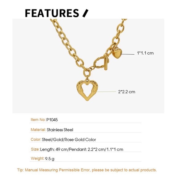 1pcs Heart Circle & Bar Love Pendant Chain Baroque Gold Heart - Picture 11 of 15